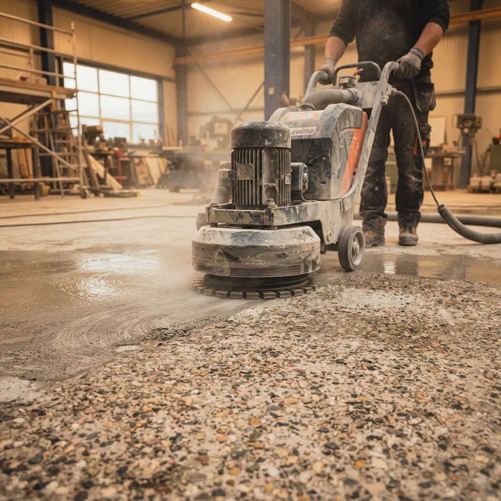 Diamond-grinding concrete floor preparation before epoxy coating