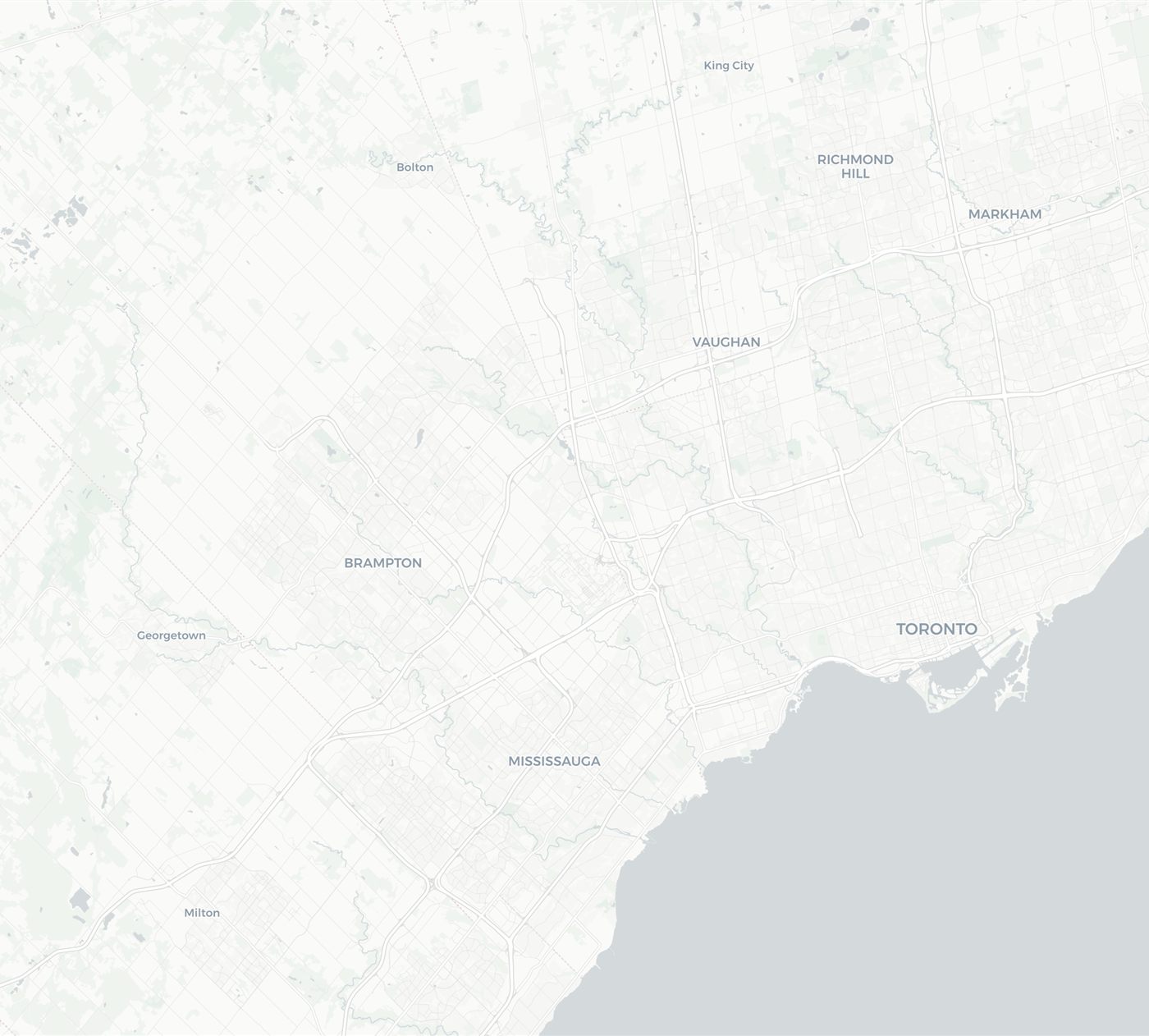 Map of the Greater Toronto Area showing the cities Resinate serves: Vaughan, Markham, Brampton, Mississauga, North York and Toronto