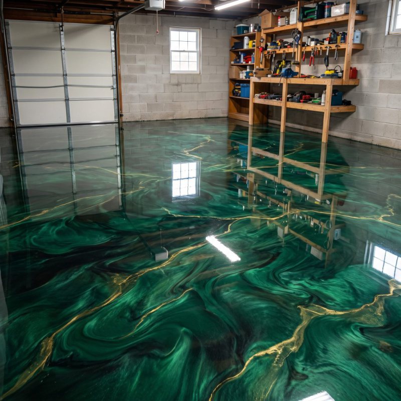 The same garage finished with a glossy green and gold metallic epoxy floor by Resinate